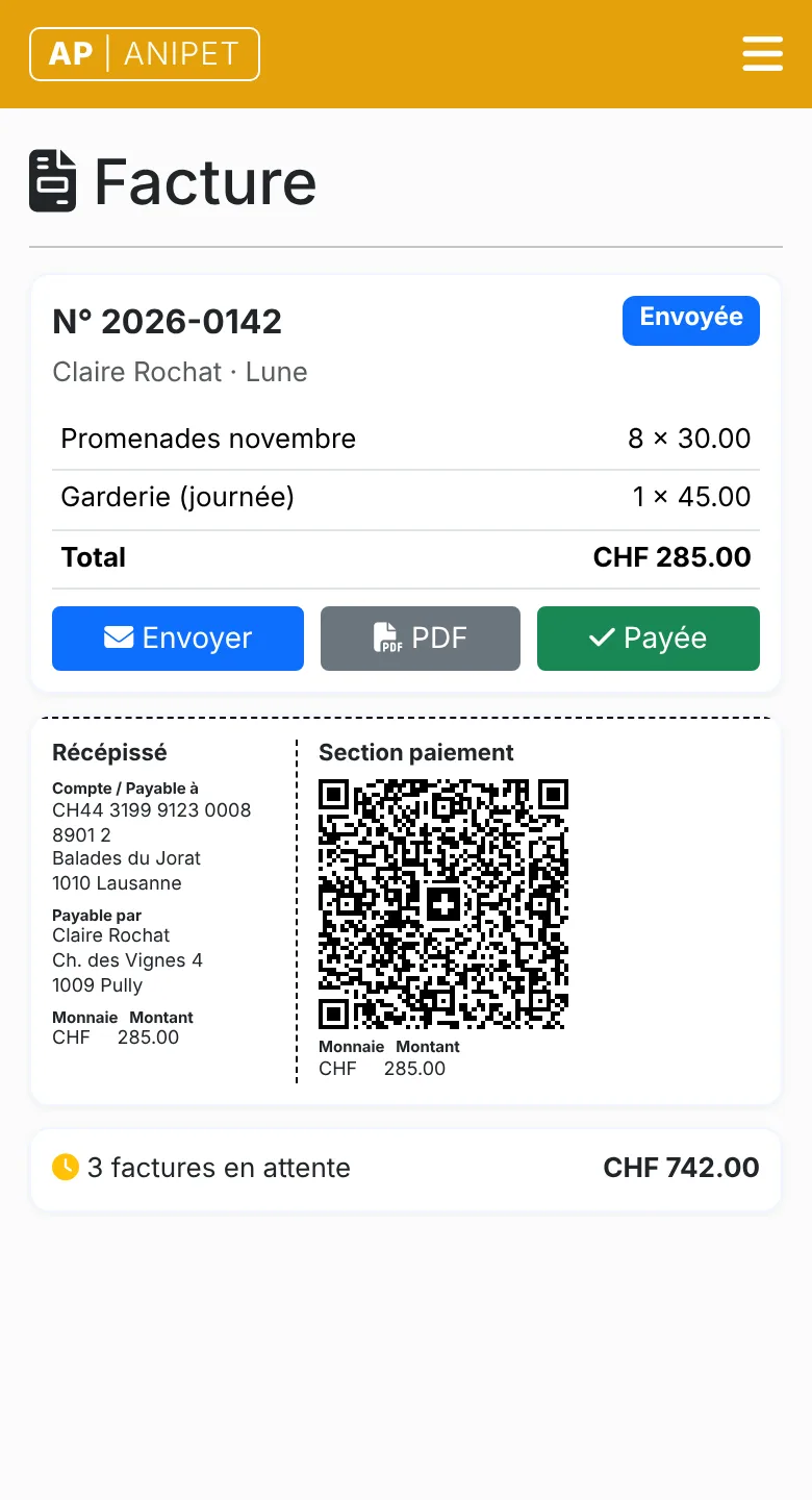 Écran Anipet d'une facture : lignes de promenades et de garderie, total en CHF et QR-facture suisse